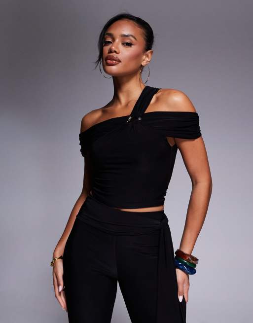 Kaiia exclusive slinky asymmetric one shoulder gold hardware detail top in black (part of a set)