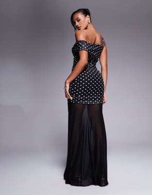 Shop Kaiia Exclusive Slinky Asymmetric One-shoulder Sheer Hem Maxi Dress