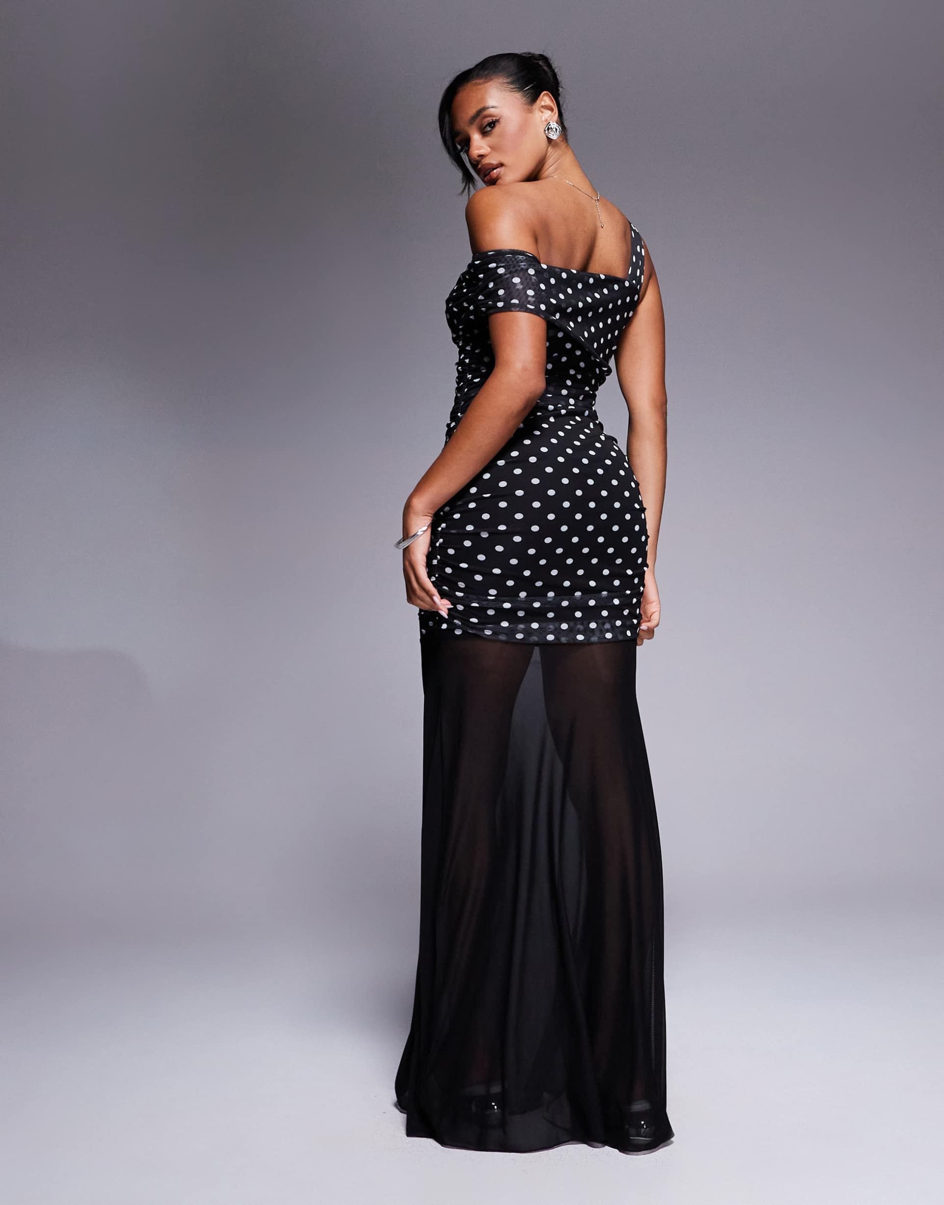 kaiia exclusive slinky asymmetric one-shoulder sheer hem maxi dress in black polka dot