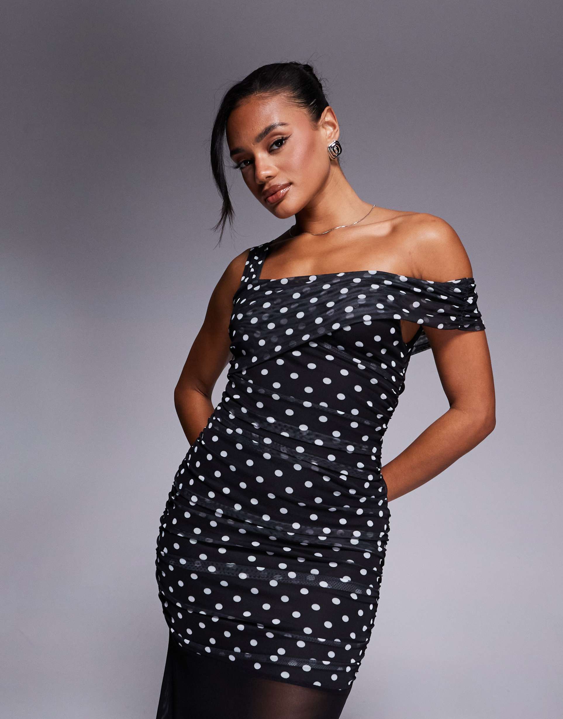 kaiia exclusive slinky asymmetric one-shoulder sheer hem maxi dress in black polka dot