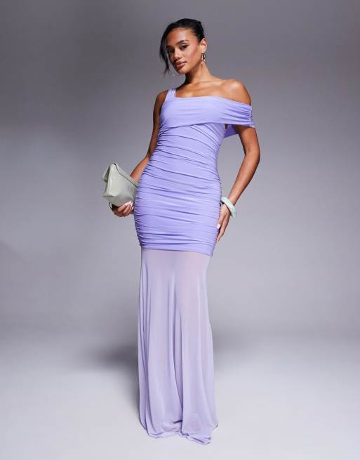 Kaiia exclusive slinky asymmetric one shoulder sheer hem maxi dress in lilac