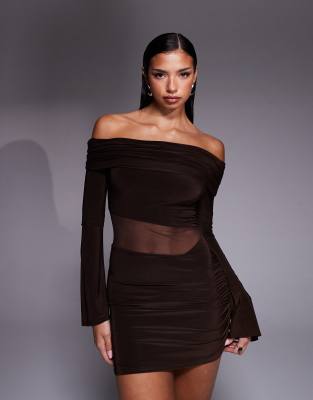 Kaiia exclusive slinky bardot flare sleeve mesh insert mini dress in chocolate-Brown