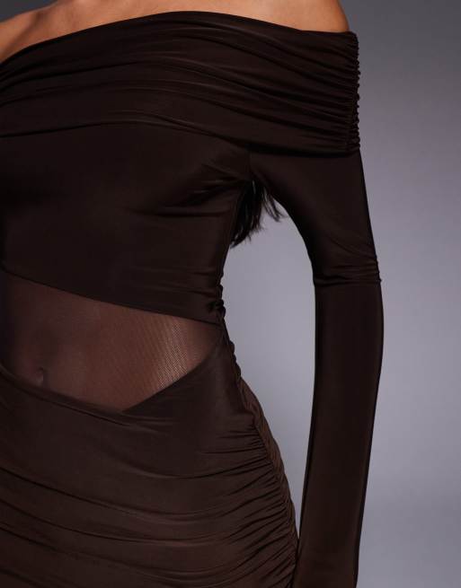 Kaiia exclusive slinky bardot flare sleeve mesh insert mini dress in chocolate, 4 of 4