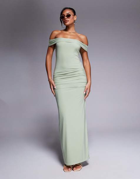 Kaiia exclusive slinky bardot gathered waist detail maxi dress in sage - view 1