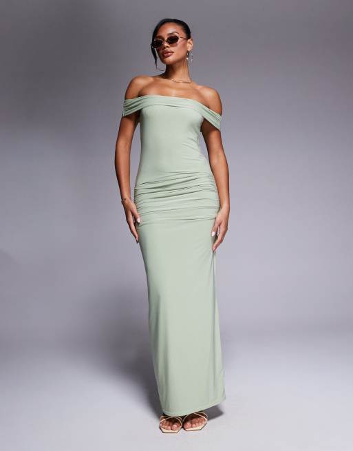 Kaiia exclusive slinky bardot gathered waist detail maxi dress in sage