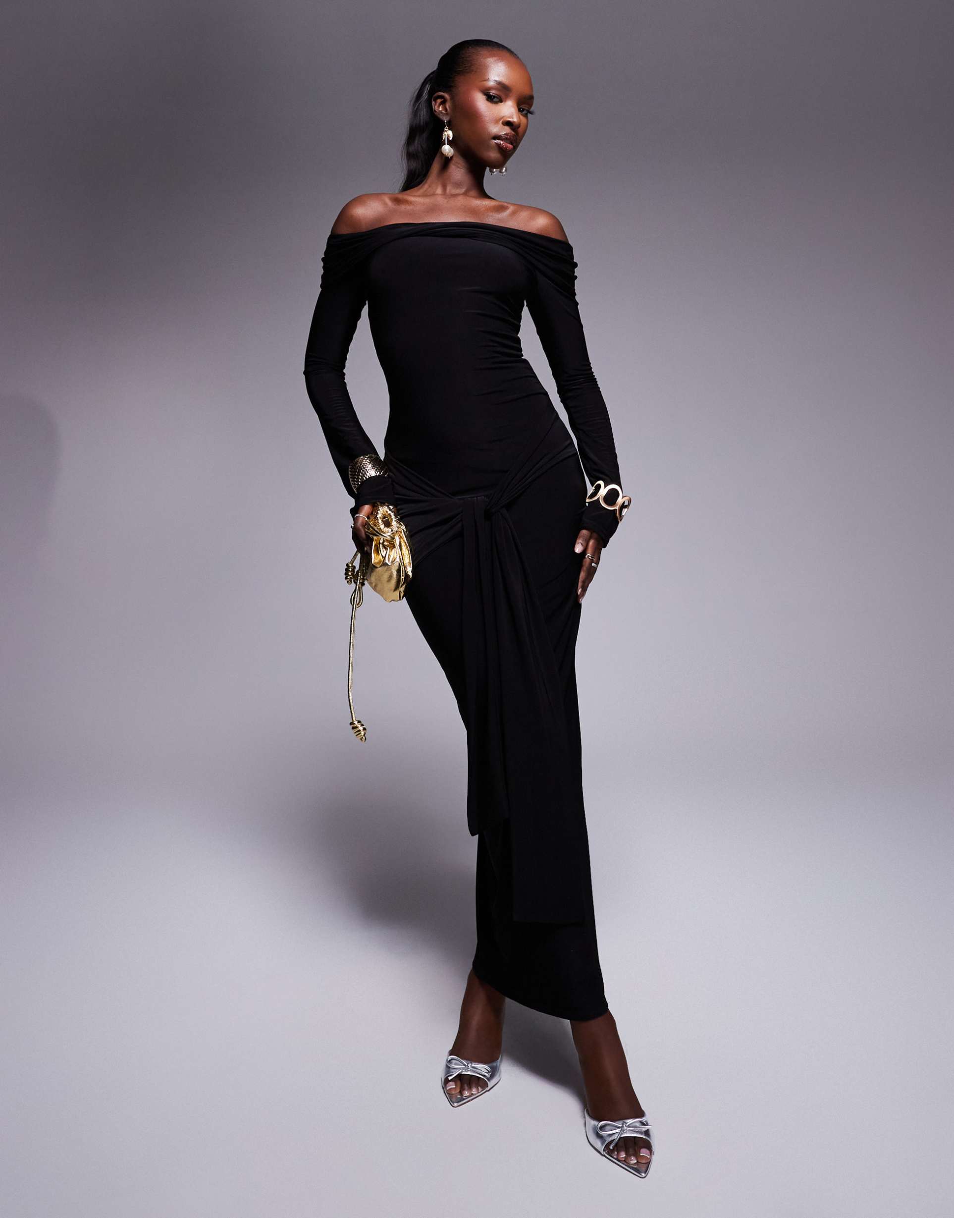 kaiia exclusive slinky bardot tie side drape detail maxi dress in black