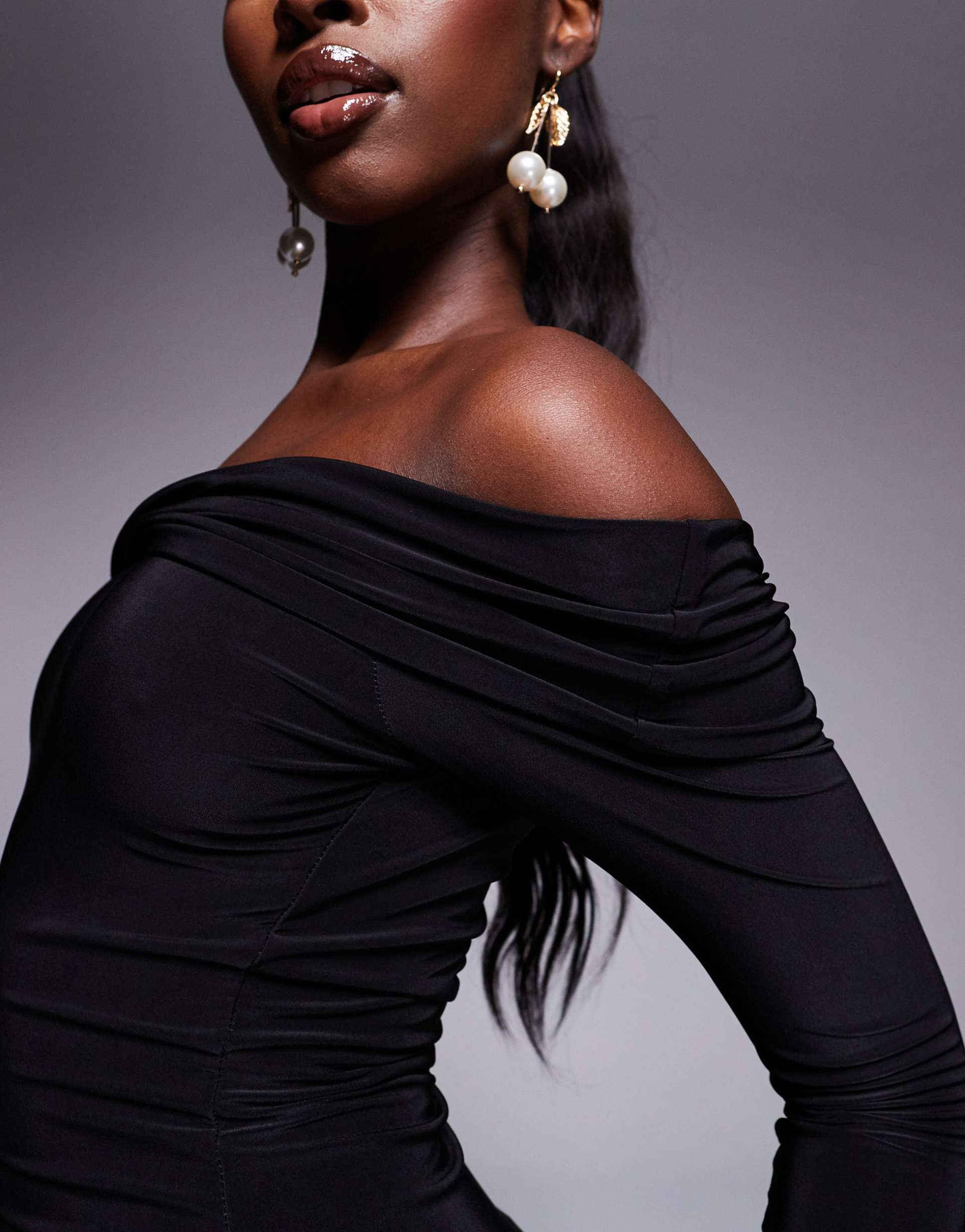 kaiia exclusive slinky bardot tie side drape detail maxi dress in black