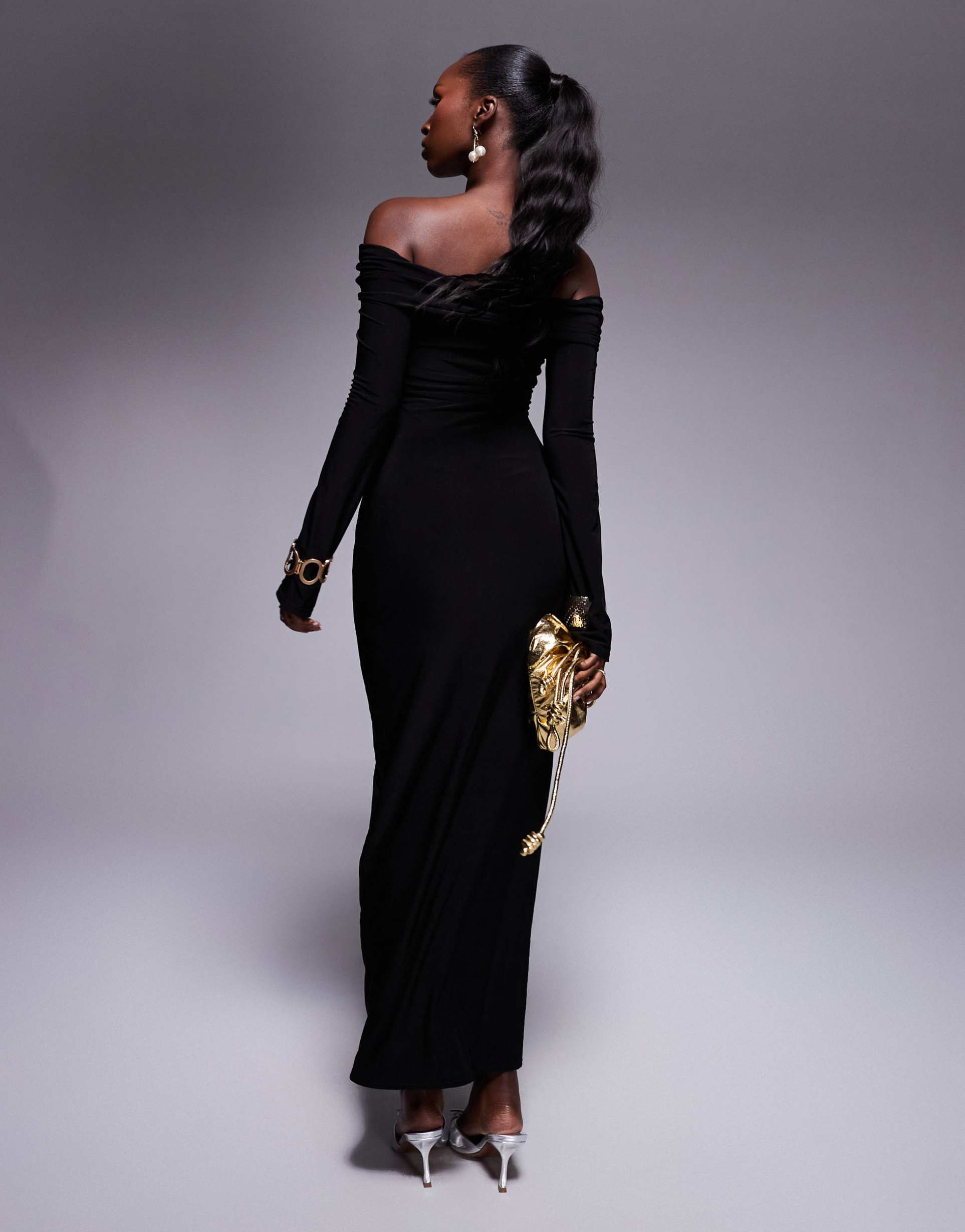 kaiia exclusive slinky bardot tie side drape detail maxi dress in black