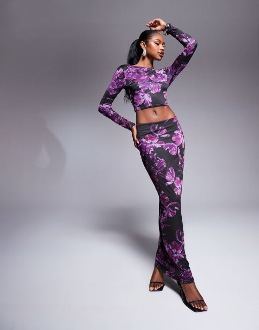 Kaiia exclusive slinky bodycon maxi skirt co ord in purple print ASOS