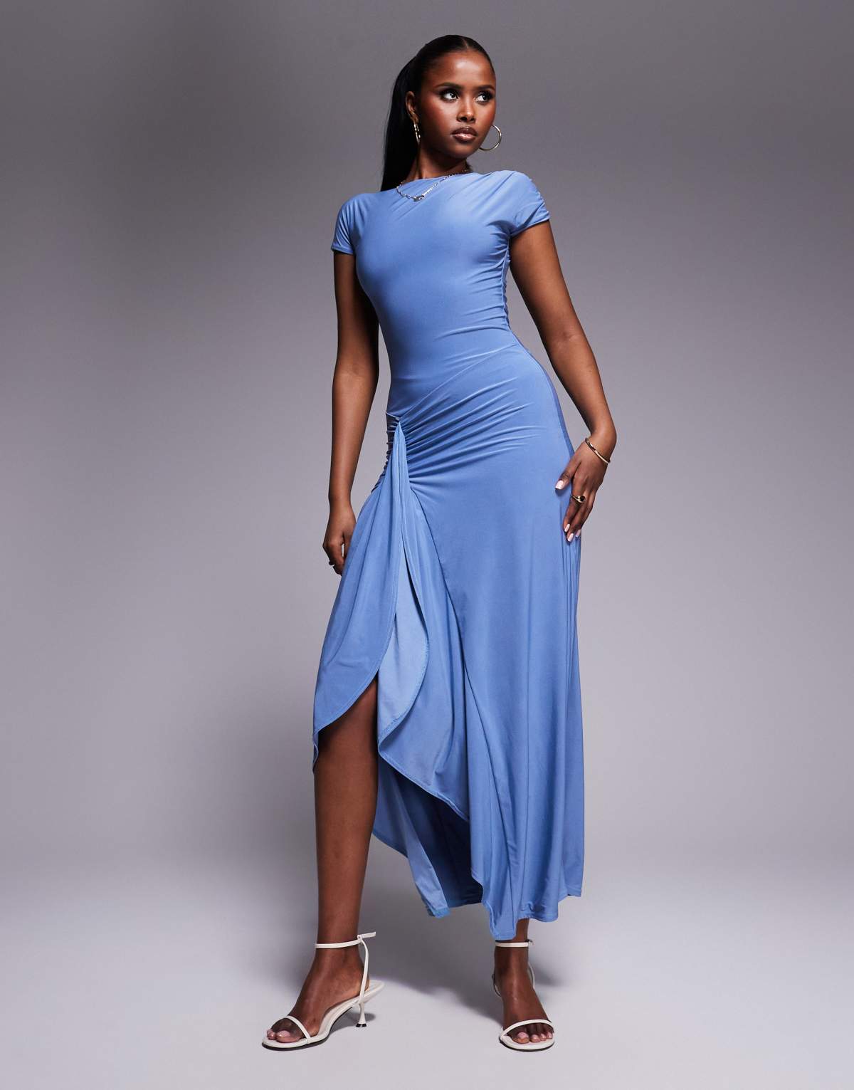 Kaiia exclusive slinky cap sleeve side split drape detail maxi dress in sky blue