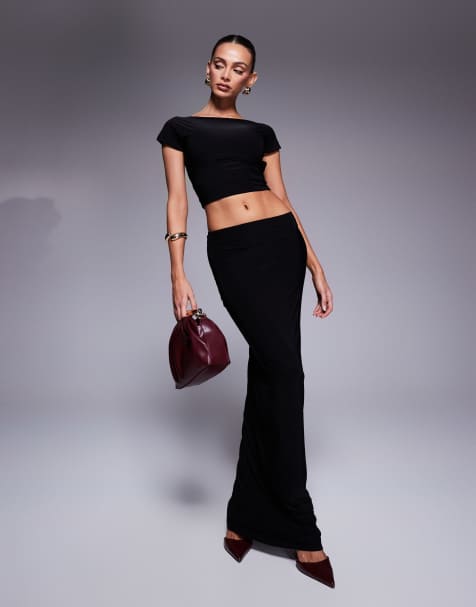 Kaiia exclusive double layered slinky column maxi skirt co-ord in black  