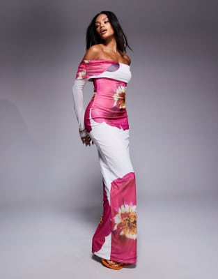 Kaiia Exclusive Slinky Deep Off The Shoulder Bodycon Maxi Dress