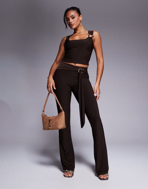 Kaiia exclusive slinky gold hardware belt detail pants in chocolate (part of a set)