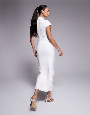 Shop Kaiia Exclusive Slinky High Neck Cap Sleeve Bodycon Maxi Dress In White