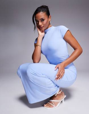 Kaiia Exclusive Slinky High Neck Cap Sleeve Bodycon Maxi Dress