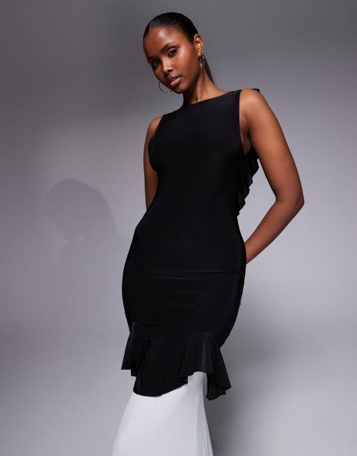 Kaiia exclusive slinky high neck ruffle detail chiffon hem open back maxi dress in black, 2 of 4