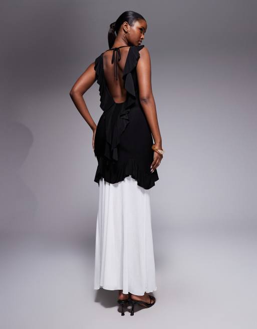 Kaiia exclusive slinky high neck ruffle detail chiffon hem open back maxi dress in black, 3 of 4
