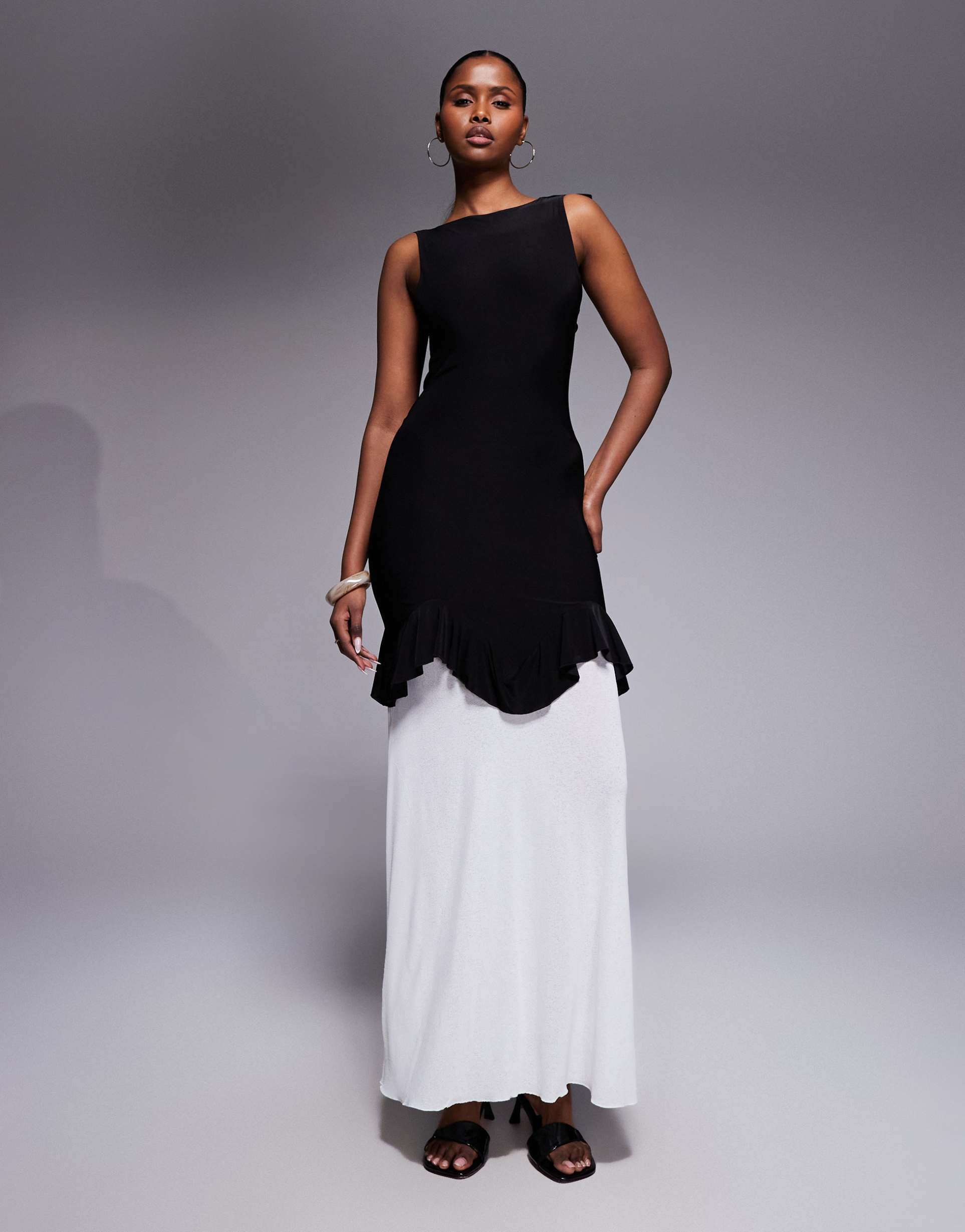 kaiia exclusive slinky high neck ruffle detailing chiffon hem open back maxi dress in black