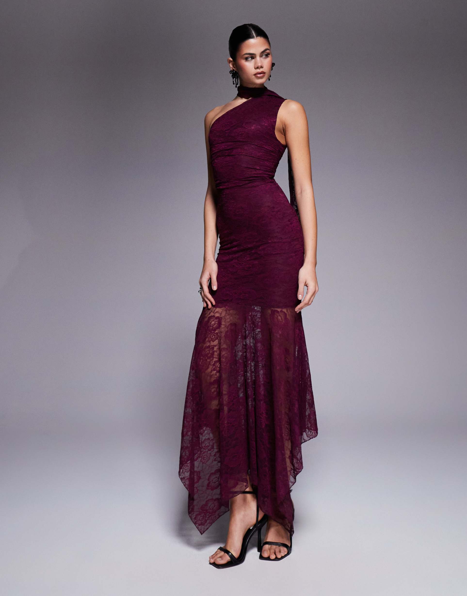 kaiia exclusive slinky lace asymmetric scarf detail sheer hem maxi dress in dark cherry