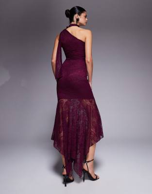 Kaiia Exclusive Slinky Lace Asymmetric Scarf Detail Sheer Hem Maxi Dress In Burgundy