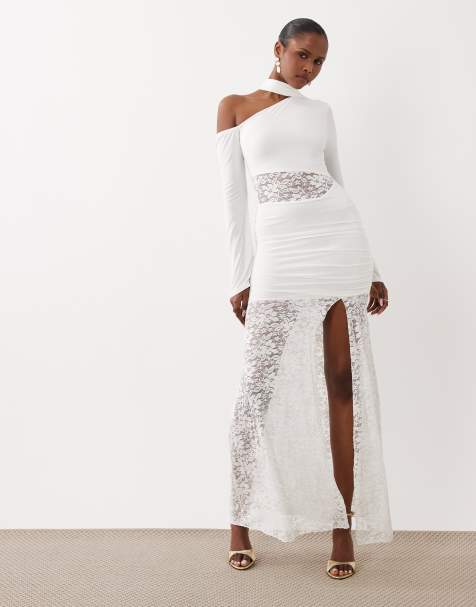 Kaiia exclusive slinky lace detailed asymmetric maxi dress in cream - view 1