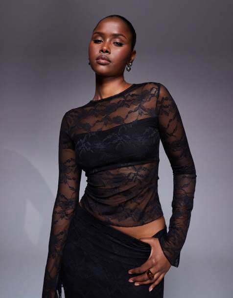Kaiia exclusive slinky lace neck long sleeve crop top co-ord in black - view 1