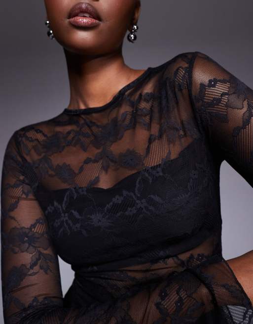 Kaiia exclusive slinky lace neck long sleeve crop top co-ord in black, 3 of 4