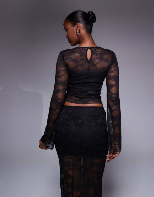 Kaiia exclusive slinky lace neck long sleeve crop top co-ord in black, 4 of 4