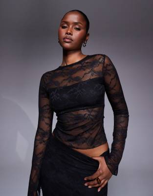 Kaiia Exclusive Slinky Lace Neck Long Sleeve Crop Top In Black