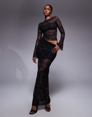 Kaiia Exclusive Slinky Lace Neck Long Sleeve Crop Top In Black