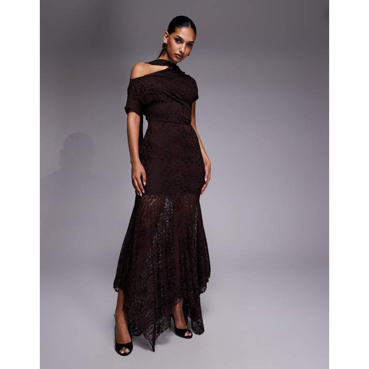Kaiia exclusive slinky lace off shoulder scarf detail sheer hem