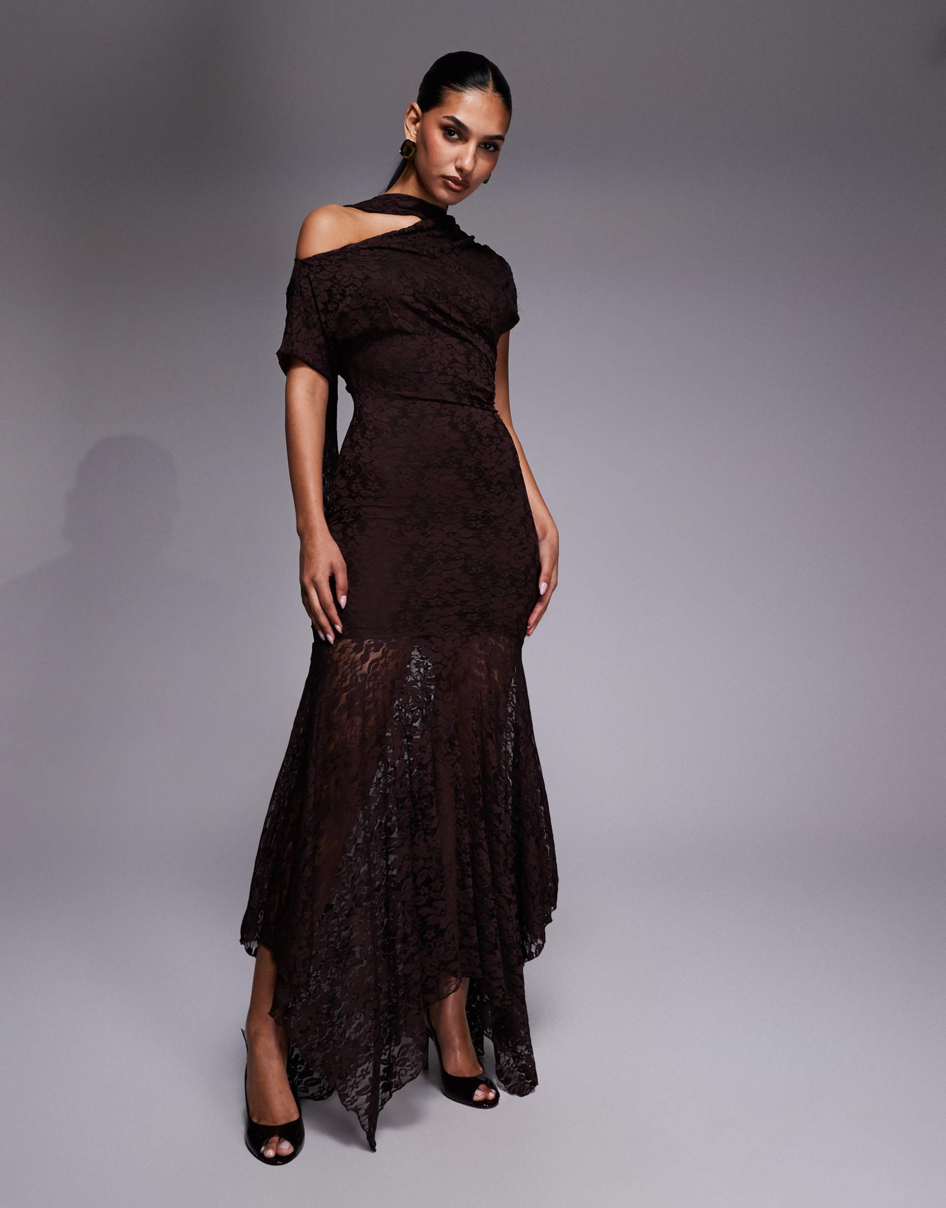 kaiia exclusive slinky lace off shoulder scarf detail sheer hem maxi dress in chocolate