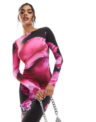 Kaiia Exclusive Slinky Long Sleeve Low Back Bodycon Maxi Dress In Multi