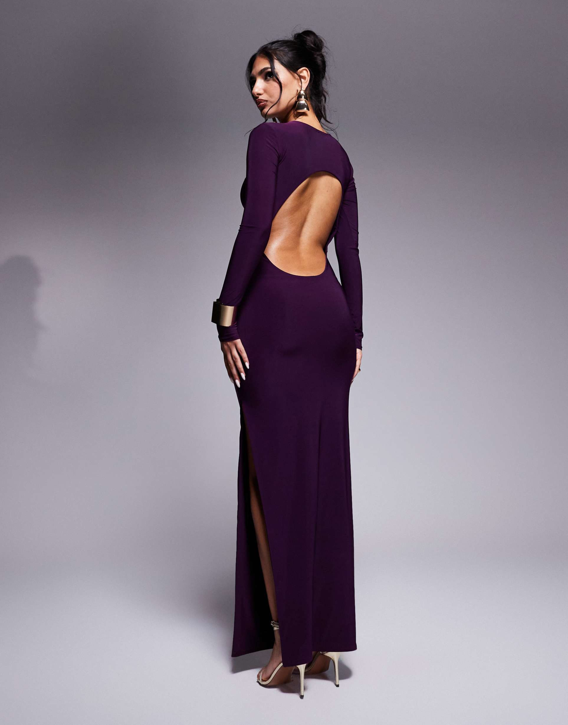 kaiia exclusive slinky long sleeve open back side slit maxi dress in purple