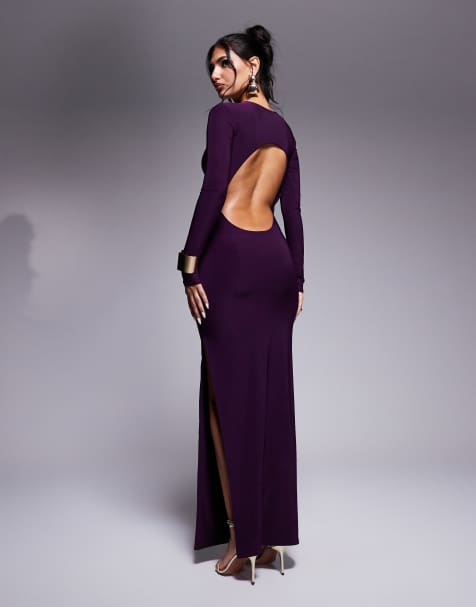 Kaiia exclusive slinky long sleeve open back side split maxi dress in purple - view 1