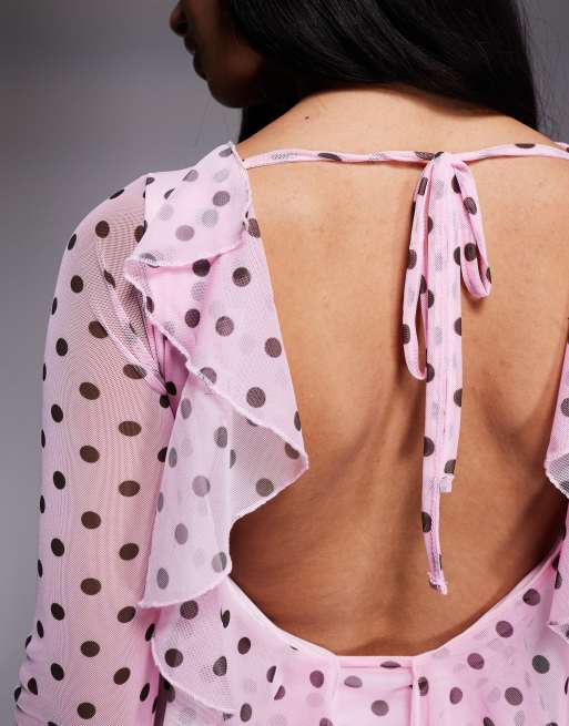 Kaiia exclusive slinky long sleeve ruffle hem open back mini dress in pink and black polka dot, 2 of 4