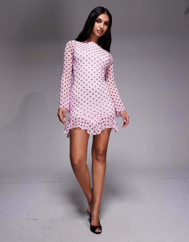 Kaiia exclusive slinky long sleeve ruffle hem open back mini dress
