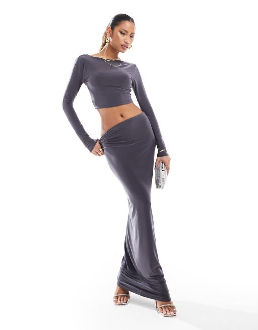Kaiia exclusive slinky maxi column skirt co-ord in slate blue 