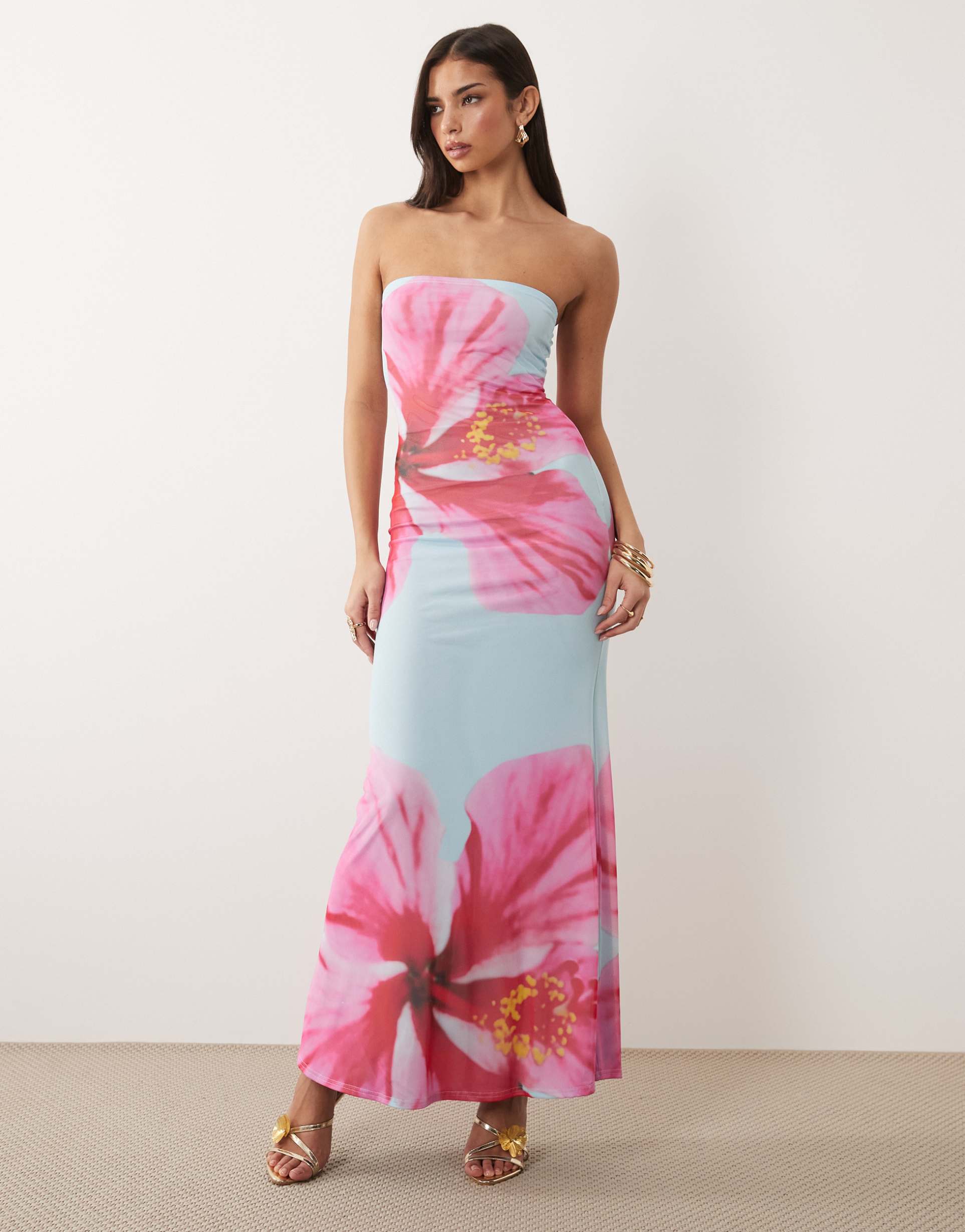 kaiia exclusive slinky mesh bandeau fishtail maxi dress in aqua and pink floral