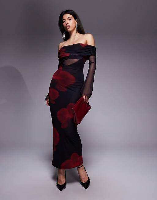 red and black mesh dress Twila Maxi 100% Polyester SIZING Elegant Beaded Cotton Stretch Mesh