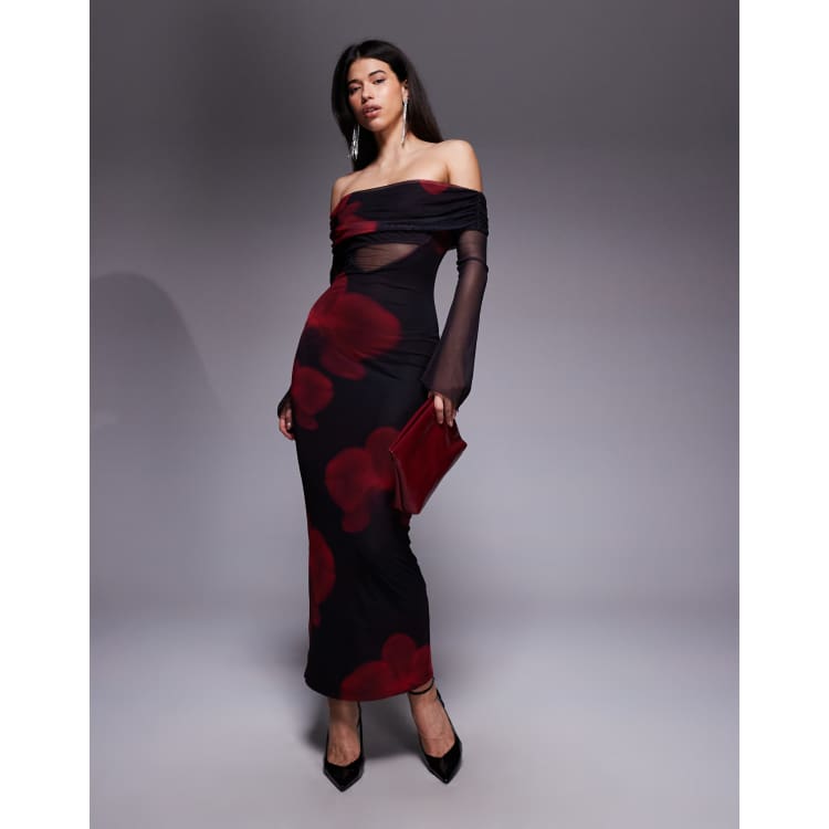 red and black layered mesh dress Black And Red Floral Mesh Maxi Dress