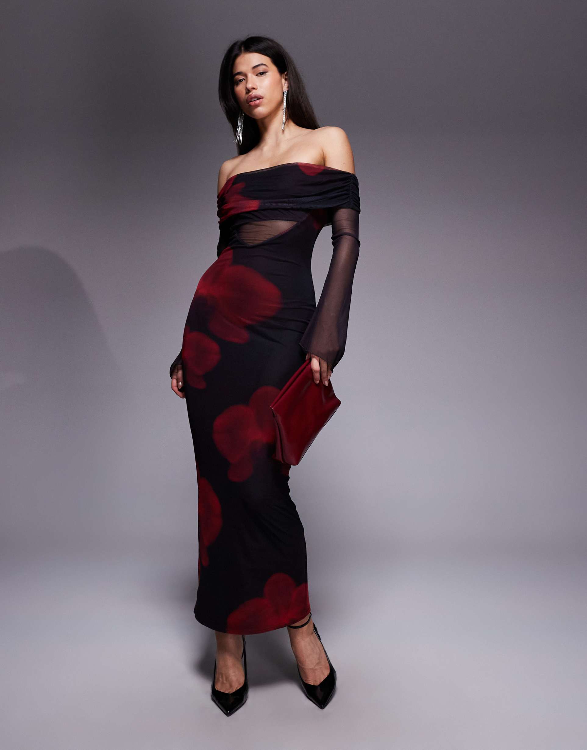 kaiia exclusive slinky mesh bardot angel sleeve sheer panel detail maxi dress in black and red floral