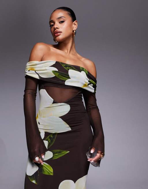 Kaiia exclusive slinky mesh off the shoulder angel sleeve sheer panel detail maxi dress in brown and cream floral