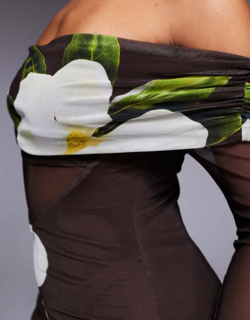 Kaiia exclusive slinky mesh off the shoulder angel sleeve sheer panel detail maxi dress in brown and cream floral