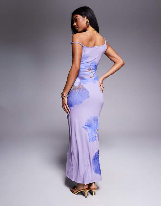 Kaiia exclusive slinky mesh floral twist off shoulder maxi dress in lilac 