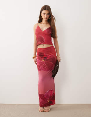 Kaiia exclusive slinky mesh maxi skirt in pink ombre floral - part of a set