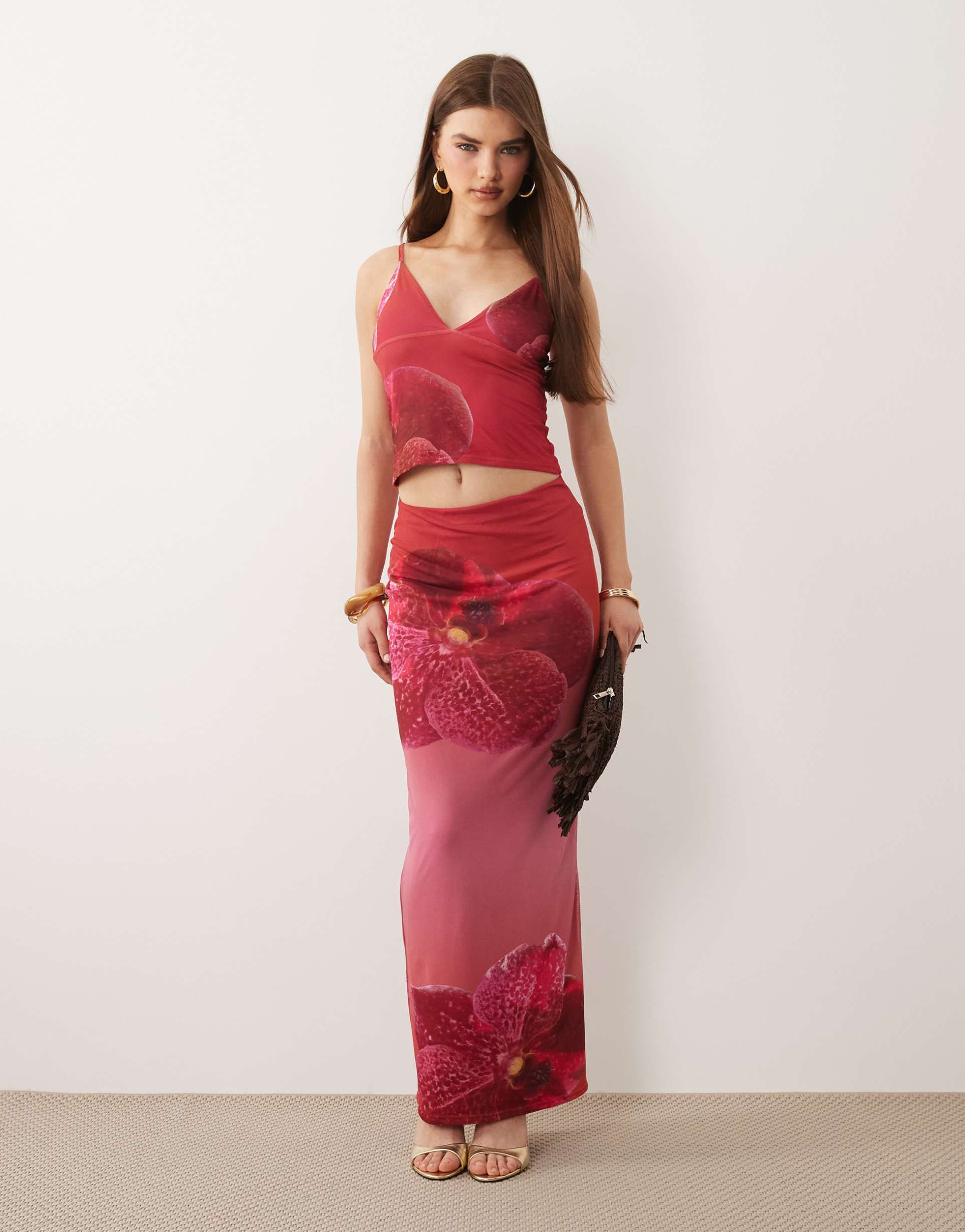 kaiia exclusive slinky mesh maxi skirt in pink ombre floral - part of a set