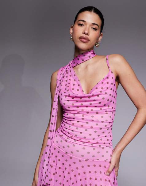 Kaiia exclusive slinky mesh scarf detail cowl neck top in pink and brown polka dot - part of a set - view 1
