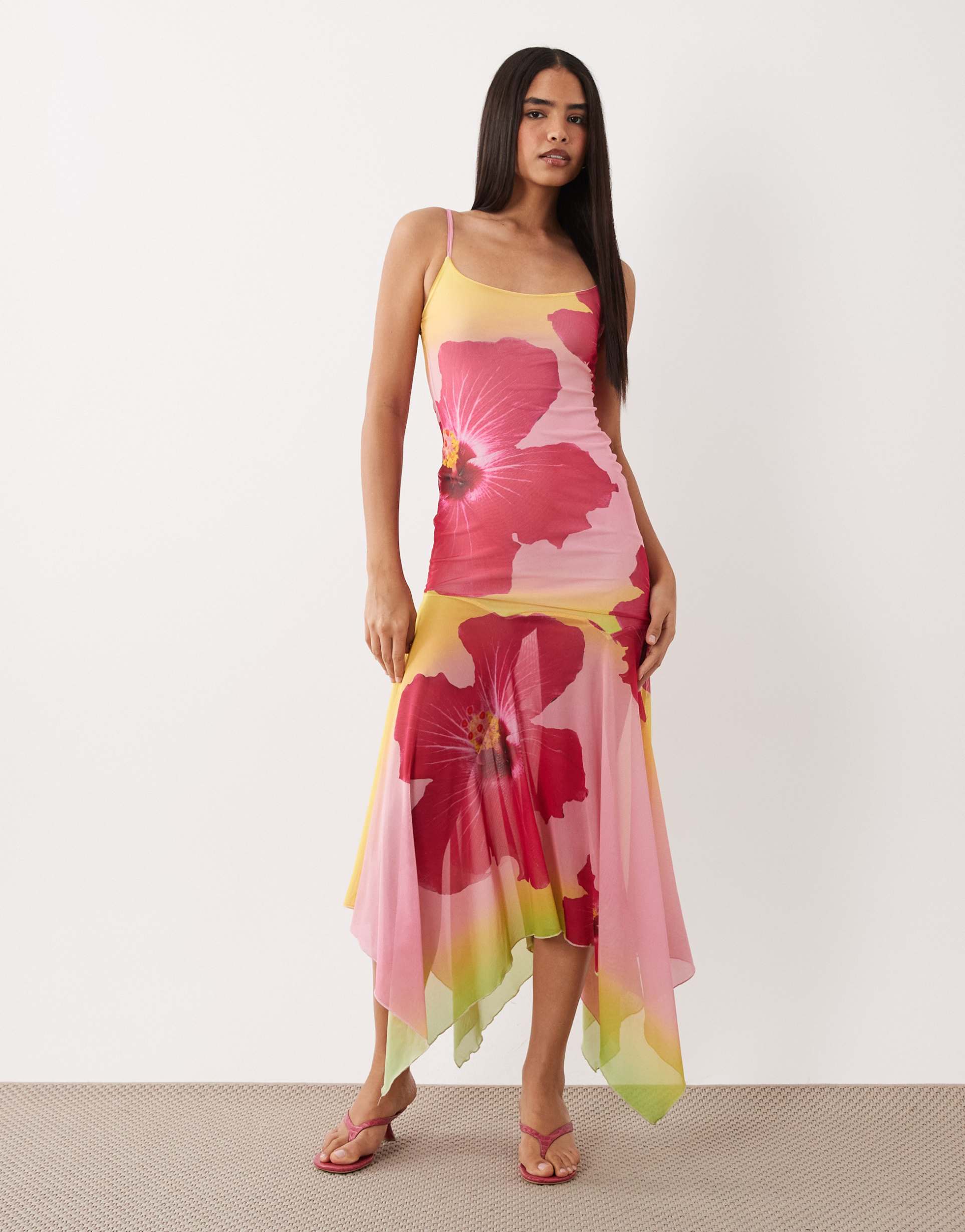 kaiia exclusive slinky mesh scoop neck dropped waist asymmetric handkerchief hem maxi dress in pink ombré floral
