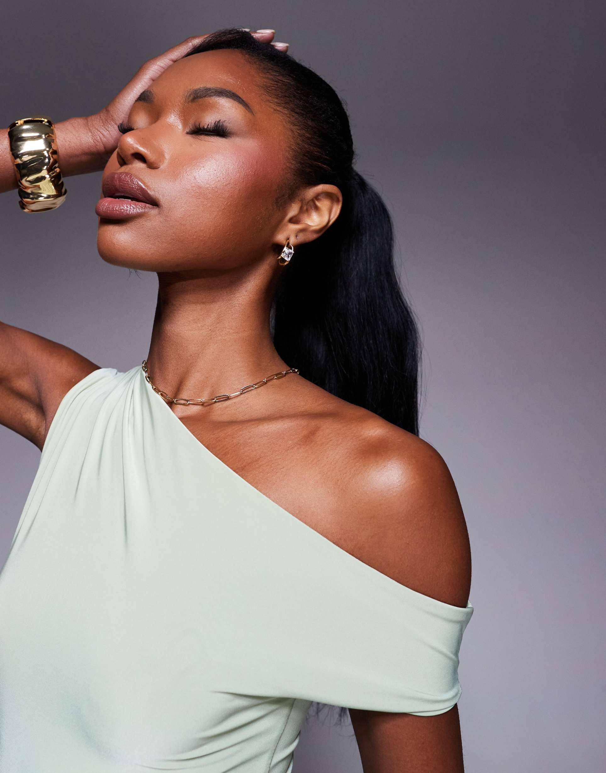 kaiia exclusive slinky off the shoulder drape detail fitted waist mini skater dress in sage